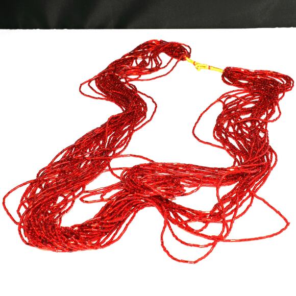 Vintage Bohemian Red Glass Bugle Bead Necklace, 24 Strands, No Clasp, 1970s - Picture 9 of 10